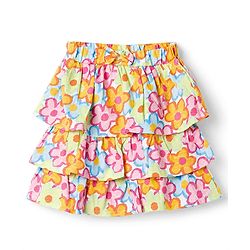 Babyhug Single Jersey Knit Sleeveless Schiffli Collar Ribbed Top & Floral Printed Layered Skirt Set - Red