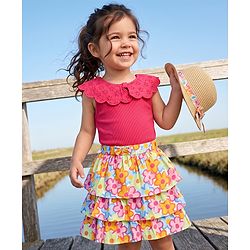 Babyhug Single Jersey Knit Sleeveless Schiffli Collar Ribbed Top & Floral Printed Layered Skirt Set - Red