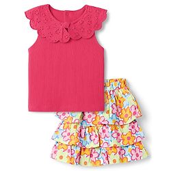 Babyhug Single Jersey Knit Sleeveless Schiffli Collar Ribbed Top & Floral Printed Layered Skirt Set - Red