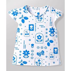 Babyhug 100% Cotton Single Jersey Knit Cap Sleeves Tropical Theme Printed & Lovely Embroidered Dungaree Set - White & Navy Blue