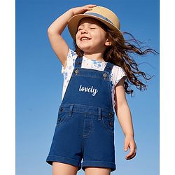 Babyhug 100% Cotton Single Jersey Knit Cap Sleeves Tropical Theme Printed & Lovely Embroidered Dungaree Set - White & Navy Blue
