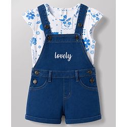 Babyhug 100% Cotton Single Jersey Knit Cap Sleeves Tropical Theme Printed & Lovely Embroidered Dungaree Set - White & Navy Blue