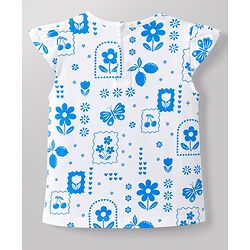 Babyhug 100% Cotton Single Jersey Knit Cap Sleeves Tropical Theme Printed & Lovely Embroidered Dungaree Set - White & Navy Blue