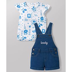 Babyhug 100% Cotton Single Jersey Knit Cap Sleeves Tropical Theme Printed & Lovely Embroidered Dungaree Set - White & Navy Blue
