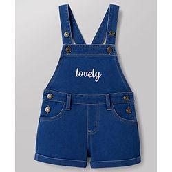 Babyhug 100% Cotton Single Jersey Knit Cap Sleeves Tropical Theme Printed & Lovely Embroidered Dungaree Set - White & Navy Blue