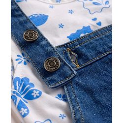 Babyhug 100% Cotton Single Jersey Knit Cap Sleeves Tropical Theme Printed & Lovely Embroidered Dungaree Set - White & Navy Blue