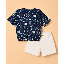 Babyhug Single Jersey Knit Half Sleeves Floral Printed Top & Denim Shorts Set - Navy Blue & White