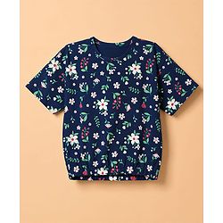 Babyhug Single Jersey Knit Half Sleeves Floral Printed Top & Denim Shorts Set - Navy Blue & White