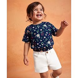 Babyhug Single Jersey Knit Half Sleeves Floral Printed Top & Denim Shorts Set - Navy Blue & White