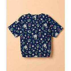 Babyhug Single Jersey Knit Half Sleeves Floral Printed Top & Denim Shorts Set - Navy Blue & White