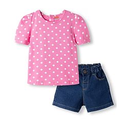 Babyhug Single Jersey Knit Half Sleeves Polka Dots Printed T-Shirt & Denim Shorts Set - Pink