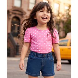 Babyhug Single Jersey Knit Half Sleeves Polka Dots Printed T-Shirt & Denim Shorts Set - Pink