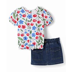 Babyhug Single Jersey Knit Half Sleeves Floral & Tropical Theme Printed Top & Denim Skirt Set - Navy Blue