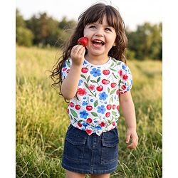 Babyhug Single Jersey Knit Half Sleeves Floral & Tropical Theme Printed Top & Denim Skirt Set - Navy Blue