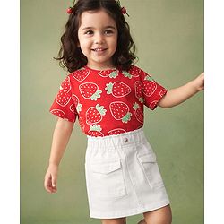 Babyhug Single Jersey Knit Half Sleeves Strawberry Printed Top & Skirt Set - Red & White