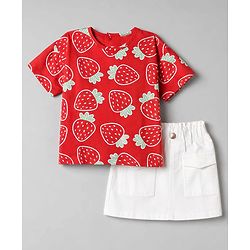 Babyhug Single Jersey Knit Half Sleeves Strawberry Printed Top & Skirt Set - Red & White