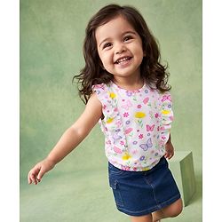 Babyhug Single Jersey Knit Sleeveless Floral & Butterfly Printed Top & Skirt Set - White & Navy Blue