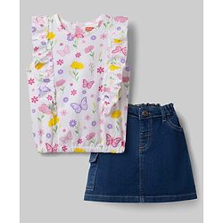 Babyhug Single Jersey Knit Sleeveless Floral & Butterfly Printed Top & Skirt Set - White & Navy Blue