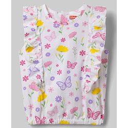 Babyhug Single Jersey Knit Sleeveless Floral & Butterfly Printed Top & Skirt Set - White & Navy Blue