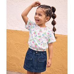 Babyhug Single Jersey Knit Half Sleeves Floral Printed Top & Denim Skirt - White & Navy Blue