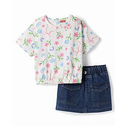 Babyhug Single Jersey Knit Half Sleeves Floral Printed Top & Denim Skirt - White & Navy Blue