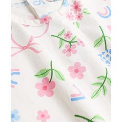 Babyhug Single Jersey Knit Half Sleeves Floral Printed Top & Denim Skirt - White & Navy Blue