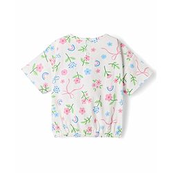 Babyhug Single Jersey Knit Half Sleeves Floral Printed Top & Denim Skirt - White & Navy Blue