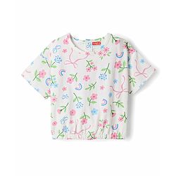 Babyhug Single Jersey Knit Half Sleeves Floral Printed Top & Denim Skirt - White & Navy Blue