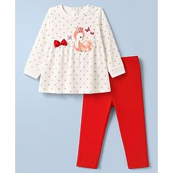 Babyhug 100% Cotton Single Jersey Knit Full Sleeves Top & Leggings With Hearts Print & Bow Applique - White & Red