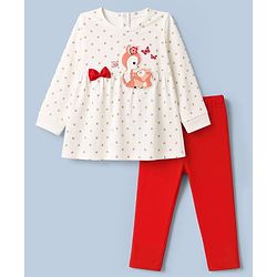 Babyhug 100% Cotton Single Jersey Knit Full Sleeves Top & Leggings With Hearts Print & Bow Applique - White & Red