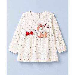 Babyhug 100% Cotton Single Jersey Knit Full Sleeves Top & Leggings With Hearts Print & Bow Applique - White & Red
