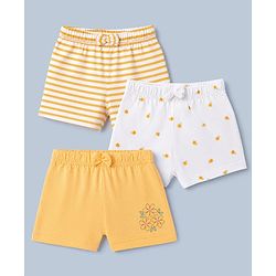 Babyhug 100% Cotton Jersey Knit Mid Thigh Striped Shorts With Floral Print Pack - White & Yellow