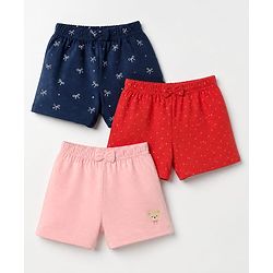 Babyhug 100% Cotton Jersey Knit Mid Thigh Polka Dots Bow & Bear Printed Shorts With Bow Applique Pack Of 3 - Red Navy Blue & Pink