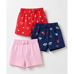 Babyhug Cotton Jersey Knit Short With Floral Print Pack of 3 - Navy Blue Pink Red