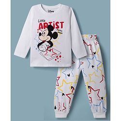 Babyhug Disney Single Jersey Knit Full Sleeves T-Shirt & Pyjama Night Suit with Mickey Mouse Graphics - White
