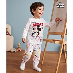 Babyhug Disney Single Jersey Knit Full Sleeves T-Shirt & Pyjama Night Suit with Mickey Mouse Graphics - White