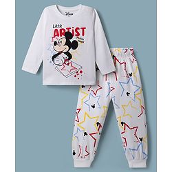 Babyhug Disney Single Jersey Knit Full Sleeves T-Shirt & Pyjama Night Suit with Mickey Mouse Graphics - White