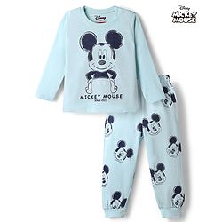 Babyhug Disney Single Jersey Knit Full Sleeves T-Shirt & Pyjama Night Suit with Mickey Mouse Graphic - Light Blue