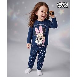 Babyhug Disney Single Jersey Knit Full Sleeves T-shirt & Pyjama Night Suit With Minnie Mouse Graphic & Star Print -Navy Blue