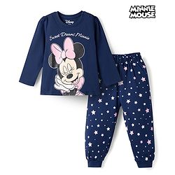 Babyhug Disney Single Jersey Knit Full Sleeves T-shirt & Pyjama Night Suit With Minnie Mouse Graphic & Star Print -Navy Blue