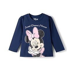Babyhug Disney Single Jersey Knit Full Sleeves T-shirt & Pyjama Night Suit With Minnie Mouse Graphic & Star Print -Navy Blue