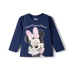 Babyhug Disney Single Jersey Knit Full Sleeves T-shirt & Pyjama Night Suit With Minnie Mouse Graphic & Star Print -Navy Blue