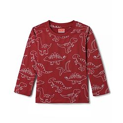 Babyhug 100% Cotton Knit Full Sleeves Co-Ords T-Shirt & Pajama Night Suit With Dino Print -Maroon