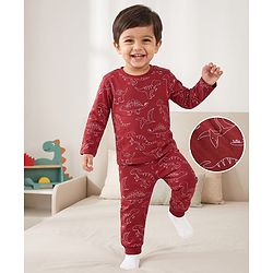 Babyhug 100% Cotton Knit Full Sleeves Co-Ords T-Shirt & Pajama Night Suit With Dino Print -Maroon
