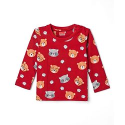 Babyhug 100% Cotton Knit Full Sleeves Bear Printed Co-Ords T-Shirt & Pyjama Night Suit - Maroon