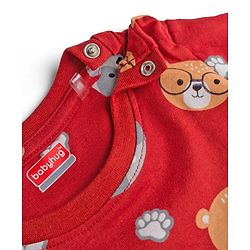 Babyhug 100% Cotton Knit Full Sleeves Bear Printed Co-Ords T-Shirt & Pyjama Night Suit - Maroon