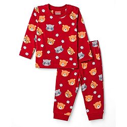 Babyhug 100% Cotton Knit Full Sleeves Bear Printed Co-Ords T-Shirt & Pyjama Night Suit - Maroon
