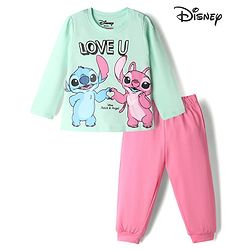 Babyhug Disney Single Jersey Knit Full Sleeves T-Shirt & Pyjama Night Suit With Stitch & Angel Graphic - Pink & Light Green