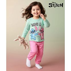 Babyhug Disney Single Jersey Knit Full Sleeves T-Shirt & Pyjama Night Suit With Stitch & Angel Graphic - Pink & Light Green