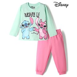Babyhug Disney Single Jersey Knit Full Sleeves T-Shirt & Pyjama Night Suit With Stitch & Angel Graphic - Pink & Light Green